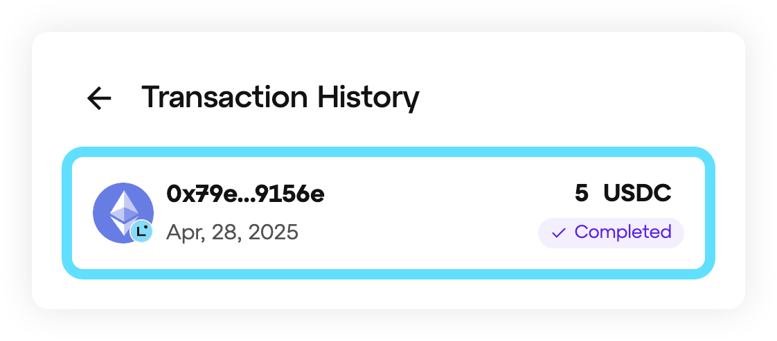 Transaction history entry marked as complete